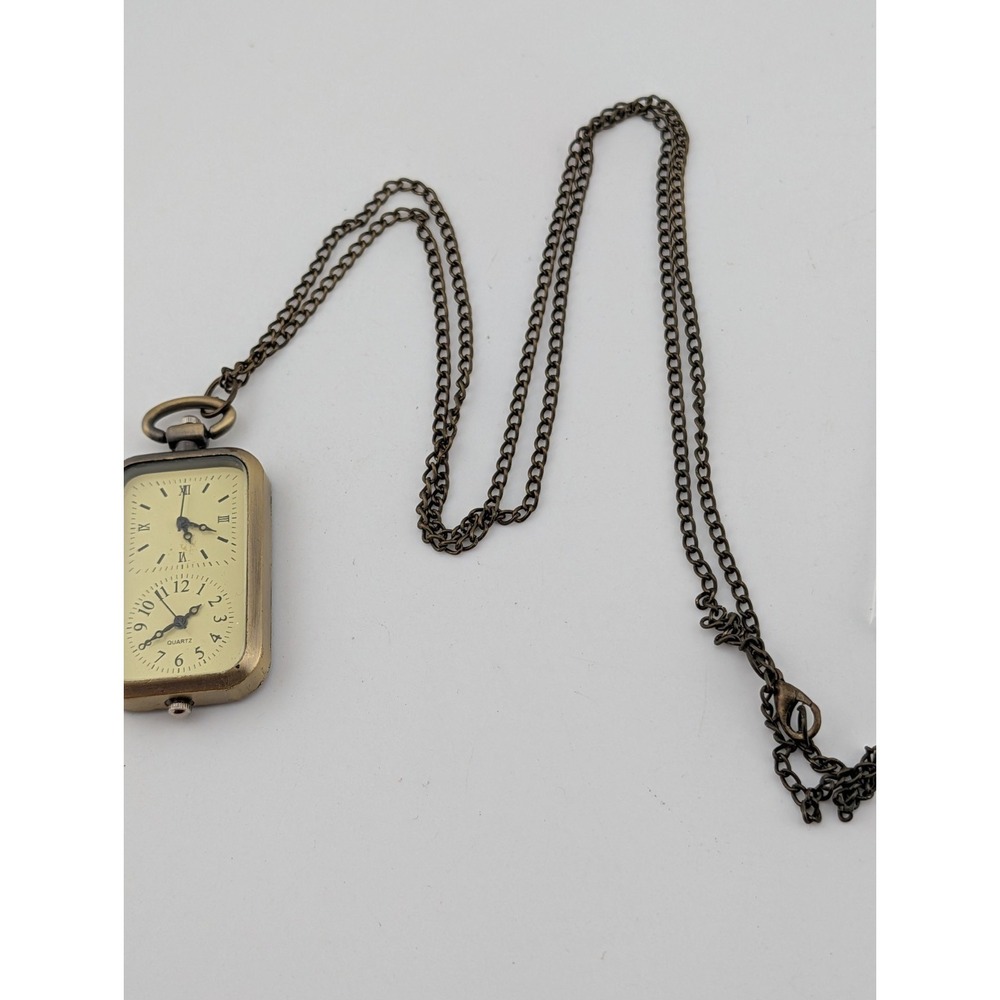 Bronze Tone Dual Time Quartz Analog Pendant Watch w/ Chain New Battery - Picture 2 of 4